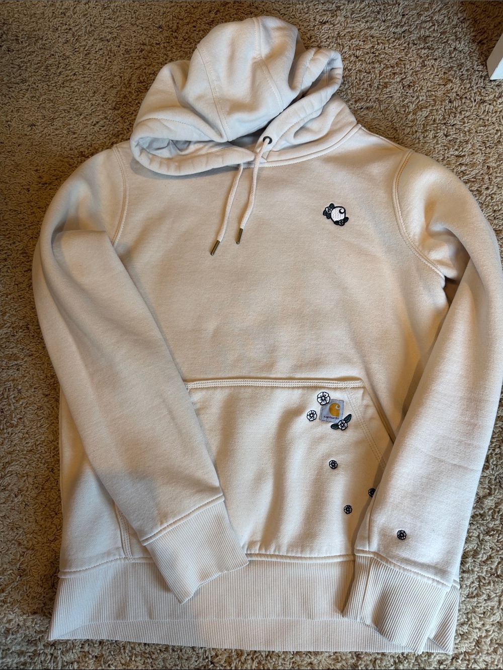 Carhartt Cream Crewneck Hoodie with Small Embroidered Logos